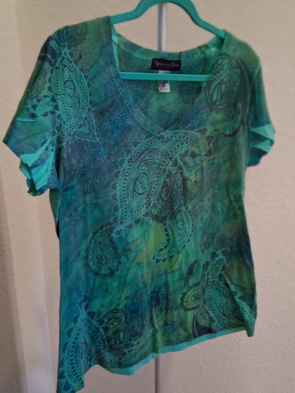 Appropriate Behavior Teal Green Paisley V-Neck Blouse Top Sz XL Short Sleeve - Picture 5 of 9